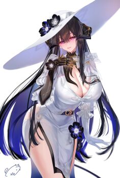 Rule 34 | 1girl, asymmetrical gloves, black flower, black gloves, black hair, blue hair, breasts, cleavage, colored inner hair, commentary request, dress, flower, gloves, hair behind ear, hand up, hat, hat flower, highres, honkai: star rail, honkai (series), large breasts, leaning forward, long hair, looking at viewer, mismatched gloves, mole, mole under eye, multicolored hair, obiwan, parted lips, purple eyes, signature, simple background, solo, the dahlia (honkai: star rail), very long hair, weisuoxin, white background, white dress, white gloves, white hat, wide brim
