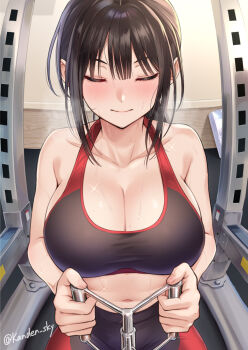 1girl artist_name bare_arms bare_shoulders black_hair black_pants black_tank_top blush breasts closed_eyes closed_mouth english_text exercising exercise_machine gym gym_pants highres holding indoors kanden_sky large_breasts midriff multicolored_clothes original pants red_pants red_tank_top short_hair steaming_body sweat sweatdrop tank_top