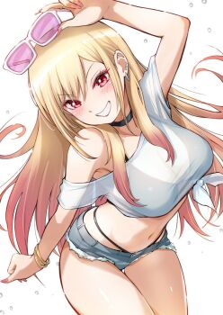 1girl bikini bikini_under_clothes black_choker blonde_hair blush bracelet breasts choker commentary_request cutoffs denim denim_shorts ear_piercing earrings eyewear_on_head gyaru jewelry kitagawa_marin large_breasts long_hair looking_at_viewer midriff multicolored_hair navel off-shoulder_shirt off_shoulder pariya_0001 piercing pink_nails red_eyes see-through_clothes see-through_shirt shirt short_shorts shorts smile sono_bisque_doll_wa_koi_wo_suru sunglasses swimsuit thighs tied_shirt