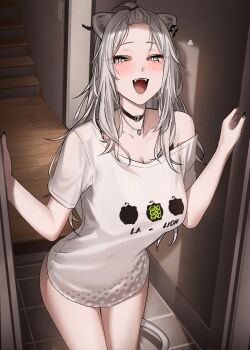 1girl absurdres animal_ear_piercing animal_ears bangs_pinned_back black_bra black_choker black_nails blush bottomless bra bra_strap breasts choker commentary_request doorway fingernails forehead grey_eyes grey_hair highres hololive large_breasts lion_ears lion_girl lion_tail long_hair looking_at_viewer messy_hair no_pants official_alternate_costume official_alternate_hairstyle open_mouth pov_doorway shirt shishiro_botan shishiro_botan_(midnight_convenience_store) short_sleeves single_off_shoulder smile solo t-shirt tail topknot underwear virtual_youtuber wanne white_shirt
