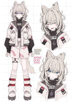 1girl absurdres animal_ear_piercing animal_ears bilingual_commentary black_streaks blue_eyes blush choker closed_mouth commentary crossed_bangs dog_ears dog_girl dog_tail grey_hair hair_between_eyes highres jacket kmnz long_sleeves looking_at_viewer mixed-language_commentary multicolored_hair multiple_views no_name_ver1 open_mouth pout shoes short_hair shorts smile streaked_hair tail tina_(kmnz) virtual_youtuber white_background white_jacket white_shoes white_shorts