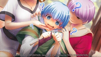 Rule 34 | 2girls, ?, ??, atelier-moo, blue eyes, blue hair, blurry, blurry background, breasts, christpher cross, collarbone, company name, copyright notice, door, dress, empty eyes, game cg, glasses, green robe, hair between eyes, hand on another's face, hand on another's shoulder, head out of frame, holding, holding needle, hooded robe, indoors, jewelry, knitting, knitting needle, large breasts, layered sleeves, long sleeves, multiple girls, necklace, needle, non-web source, open mouth, oversized clothes, pink hair, red shirt, robe, shaded face, shirt, short hair, short over long sleeves, short sleeves, smile, sweat, tareme, v-shaped eyebrows, wavy mouth, white dress, windworker, yuukyuu gensoukyoku, yuukyuu gensoukyoku revival