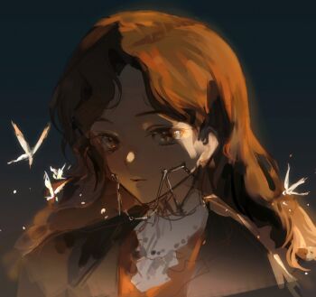 1girl braces brown_coat brown_eyes brown_hair closed_mouth coat creature dark_background fairy highres janejane long_hair looking_at_viewer portrait reverse:1999 solo tooth_fairy_(reverse:1999)