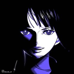 Rule 34 | 1girl, aboude art, artist name, black hair, blunt bangs, commentary, english commentary, instagram logo, instagram username, limited palette, long hair, looking at viewer, nico robin, one piece, open mouth, signature, smile, solo, spot color, teeth