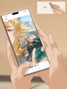 3boys absurdres alhaitham_(genshin_impact) aventurine_(honkai:_star_rail) blonde_hair cellphone cheong1110 company_connection earrings genshin_impact grey_hair hashtag-only_commentary highres holding holding_phone honkai:_star_rail honkai_(series) jewelry kaveh_(genshin_impact) long_hair long_sleeves mihoyo multicolored_shirt multiple_boys phone red_eyes short_hair smartphone