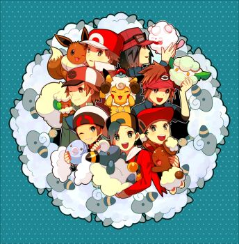 6+boys animal_costume backwards_hat black_eyes black_hair blue_background brendan_(pokemon) brown_eyes brown_hair buneary calem_(pokemon) commentary_request cottonee eevee ethan_(pokemon) gen_1_pokemon gen_2_pokemon gen_3_pokemon gen_4_pokemon gen_5_pokemon gen_6_pokemon hat hilbert_(pokemon) himari_g_(sr) jacket lucas_(pokemon) mareep multiple_boys nate_(pokemon) nintendo one_eye_closed pikachu poke_ball poke_ball_(basic) pokemon pokemon_bw pokemon_dppt pokemon_frlg pokemon_hgss pokemon_rse pokemon_xy red_(pokemon) red_hat red_jacket sheep_costume slurpuff swablu visor_cap whimsicott white_hat