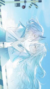 Rule 34 | 2girls, absurdres, blue halo, blue sky, boom barrier, closed mouth, commentary request, crossbuck, floating hair, from side, hair ornament, halo, hand on another's cheek, hand on another's face, heart, heart hair ornament, highres, holding another's wrist, indie virtual youtuber, long hair, looking at another, mameko (l8 w3), manmaru(vtuber), medium hair, melting halo, mole, mole under eye, multiple girls, nekone uyu, purple hair, railroad crossing, sailor collar, school uniform, shirt, short sleeves, sky, upper body, wavy hair, white hair, white shirt