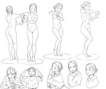 1girl ass bathrobe breasts collage completely_nude cropped_shoulders cropped_torso full_body greyscale highres lineart looking_at_viewer medium_breasts modeling monochrome multiple_views navel nipples norakura_(nr_kura) nude nude_modeling original ponytail pussy sketch smile