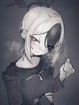 1girl black_hair black_hoodie blue_archive blush breath commentary_request controller ear_piercing gumi_(guminghc) hair_between_eyes hair_over_one_eye heart heart-shaped_pupils highres holding holding_remote_control hood hood_down hoodie horns kayoko_(blue_archive) long_sleeves looking_at_viewer mole mole_on_neck multicolored_hair pale_skin piercing red_eyes remote_control simple_background solo sweat symbol-shaped_pupils upper_body white_hair