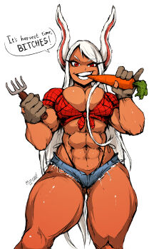 1girl abs absurdres alternate_costume artist_request boku_no_hero_academia breasts carrot cowgirl_outfit dark-skinned_female dark_skin farm farmer female_focus gloves highres large_breasts long_hair looking_at_viewer mirko muscular muscular_arms muscular_female muscular_legs rabbit_ears rabbit_girl rabbit_tail red_eyes solo thong tight_clothes tools very_long_hair whale_tail_(clothing) white_hair
