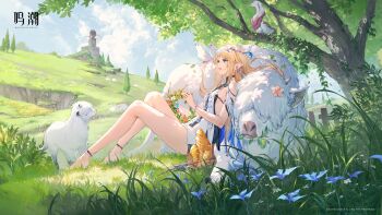 1girl absurdres animal bare_legs black_dress blonde_hair blue_eyes blue_sky breasts cartethyia_(wuthering_waves) chinese_commentary commentary_request crown_of_thorns day dress earrings from_side highres holding holding_wreath jewelry knees_up legs logo long_hair medium_breasts multiple_earrings official_art open_mouth outdoors pointy_ears sidelocks sitting sky tabard tacet_mark_(wuthering_waves) white_tabard wuthering_waves