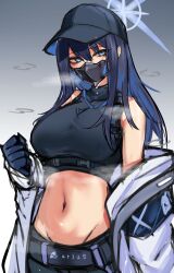 Rule 34 | 1girl, absurdres, bare shoulders, black hat, blue archive, blue eyes, blue gloves, blue hair, breasts, commentary, crop top, gloves, gradient background, grey background, hand up, hat, highres, jacket, large breasts, long hair, looking at viewer, mask, midriff, mitarashi renge, mouth mask, navel, off shoulder, open clothes, open jacket, peaked cap, saori (blue archive), solo, steam, stomach, upper body, white background, white jacket