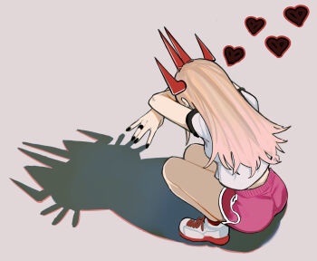 1girl ass black_nails breasts cat_shadow_puppet_(meme) chainsaw_man covering_face demon_girl demon_horns from_behind heart highres horns long_hair orange_hair pink_shorts power_(chainsaw_man) sailen0 seiza shirt shoes shorts sitting sneakers white_shirt white_shoes