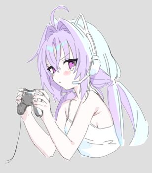 1girl :< ahoge animal_ear_headphones animal_ears bare_shoulders blush_stickers breasts commentary controller cropped_torso fake_animal_ears funa_(sakana) game_controller grey_background hair_between_eyes hair_intakes headphones headset holding holding_controller holding_game_controller long_hair looking_at_viewer low_twintails original purple_eyes purple_hair simple_background small_breasts solo symbol-only_commentary tank_top twintails white_tank_top