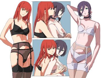 2girls absurdres black_bra black_choker black_garter_belt black_hair black_panties black_thighhighs bow bow_panties bra breasts chainsaw_man choker collarbone garter_belt grabbing_another&#039;s_breast grabbing_from_behind groin groping hair_between_eyes highres lingerie long_hair looking_ahead looking_at_viewer makima_(chainsaw_man) medium_breasts multiple_girls multiple_views orange_hair panties reze_(chainsaw_man) ringed_eyes shiren_(ourboy83) small_breasts stomach straight_hair thighhighs underwear underwear_only white_bra white_garter_belt white_panties white_thighhighs yuri