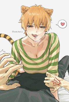 1boy 1girl animal_ears black_pants black_shirt breasts brown_eyes cleavage collarbone command_spell commentary fate/grand_order fate_(series) fujimaru_ritsuka_(male) green_shirt heart highres jaguarman_(fate) large_breasts licking_lips long_sleeves looking_at_viewer open_mouth orange_hair pants shirt short_hair smile solo_focus spoken_heart striped_clothes striped_shirt tail tiger_ears tiger_tail tongue tongue_out tonko_from
