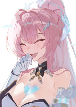 1girl absurdres aemeath_(wuthering_waves) ahoge armpit_crease bare_shoulders breasts cleavage closed_eyes commentary english_commentary gloves hair_ornament hand_up highres large_breasts leppib light_blush long_hair mole mole_on_shoulder open_mouth pink_hair simple_background smile solo tacet_mark_(wuthering_waves) upper_body white_background white_gloves wuthering_waves