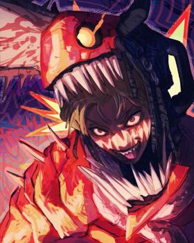 1boy blood bloody_weapon chainsaw chainsaw_devil chainsaw_man denji_(chainsaw_man) highres horns intestine_clothing intestines male_focus open_mouth organs pull_cord scarf sharp_teeth simple_background solo taku_(aywakutakuay) teeth weapon