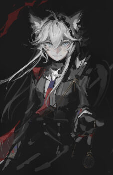 1girl absurdres animal_ears arknights black_background black_jacket blue_necktie cape commentary gloves grey_eyes grey_hair hair_between_eyes highres jacket lappland_(arknights) lappland_the_decadenza_(arknights) long_hair looking_at_viewer necktie outstretched_arm painterly parted_lips phyriaxi pocket_watch red_cape red_necktie scar scar_across_eye scar_on_face single_shoulder_pad solo two-tone_necktie upper_body watch wolf_brooch wolf_ears wolf_girl