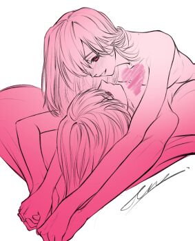 2girls bang_dream! bang_dream!_it's_mygo!!!!! blush breasts censored chinese_commentary commentary_request heart heart_censor hero45439083942 highres holding_hands hug incest interlocked_fingers long_hair lying multiple_girls nude open_mouth original red_eyes siblings simple_background sisters small_breasts twincest twins wakaba_ameha wakaba_wakaho white_background yuri