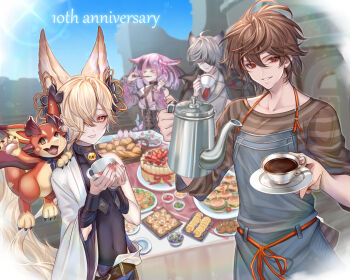 >_< 1girl 1other 3boys ahoge animal_ears apron arch azaka_(rionrita) baguette bell belt bishounen blonde_hair blue_sky bread brown_hair burger cake choker coffee_pot commentary commentary_request cup cupcake denim disposable_cup dragon eating english_text erune eyepatch food formal_clothes fox_ears goth_fashion gothic_lolita granblue_fantasy grey_hair hair_between_eyes hair_ornament hair_over_one_eye holding holding_cup jacket jacket_on_shoulders kou_(granblue_fantasy) light_particles light_rays lolita_fashion looking_at_viewer male_focus manamel manamel_(granblue_fantasy) medium_hair multicolored_hair multiple_boys neck_bell necktie nehan_(granblue_fantasy) picnic pink_hair red_eyes red_nails red_necktie ruins salad sandalphon_(granblue_fantasy) sandalphon_(server_of_a_sublime_brew)_(granblue_fantasy) shirt short_hair sky sleeves_rolled_up striped_clothes striped_shirt suit sushi table teacup vertical-striped_clothes vertical-striped_shirt vignetting vyrn_(granblue_fantasy) wolf_ears