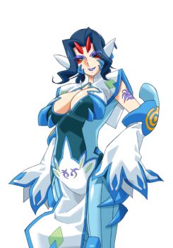 1girl blue_hair bodysuit breasts cleavage corruption dark_persona detached_sleeves eyeshadow game_cg gan-chan_(artist) hair_intakes hishidou_aiko hitozuma_sentai_aisaiger large_breasts lipstick looking_at_viewer makeup non-web_source official_art pelvic_curtain purple_lips red_eyes short_hair smile solo tail tattoo transparent_background variant_set