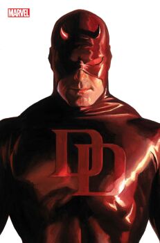 1boy absurdres alex_ross bodysuit character_logo comic_cover company_name cover cover_page daredevil daredevil_(series) fake_horns highres horns looking_at_viewer male_focus marvel mask matt_murdock official_art one_eye_in_shadow realistic red_bodysuit red_theme solo upper_body western_comics_(style) white_background