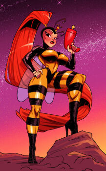 1girl absurdly_long_hair antenna_hair breasts cheekbones crown earthworm_jim_(series) from_below full_body groove1121 hand_on_own_hip high_heels high_ponytail highres holding holding_weapon insect_wings large_breasts leg_up lips long_hair looking_at_viewer makeup narrowed_eyes night night_sky ponytail princess_whatshername red_hair sky solo_focus space spandex standing thighs toned toned_female very_long_hair weapon wings