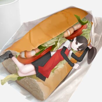 1girl apron black_eyes black_hair black_hat black_skirt black_socks cashier expressionless food food_focus food_wrapper from_above full_body grey_shoes hat highres in_food layered_sleeves lettuce long_sleeves lying on_side original red_apron sandwich shirt shoes short_hair short_over_long_sleeves short_sleeves skirt socks solo test_norma1 unworn_hat unworn_headwear white_shirt