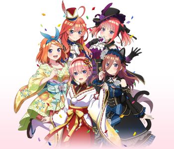 5girls absurdres ahoge animal_ear_hairband animal_ears black_dress black_gloves black_hairband black_hat blue_eyes blue_hairband blush braid brown_hair cat_ear_hairband cat_ears cat_tail closed_mouth confetti detached_sleeves dress fake_animal_ears feathers flower frilled_hairband frills gloves go-toubun_no_hanayome green_kimono hair_ornament hairband hat hat_feather hat_flower heart highres holding japanese_clothes kimono kosode long_hair looking_at_viewer medium_hair miko multiple_girls nakano_ichika nakano_itsuki nakano_miku nakano_nino nakano_yotsuba official_art open_mouth orange_hair pink_hair playing_with_own_hair purple_feathers purple_flower purple_rose quintuplets red_hair red_hairband red_hat red_sash red_skirt rose sandals sash short_hair siblings sidelocks sisters skirt smile socks star_(symbol) star_hair_ornament tail teeth two-tone_headwear two_side_up upper_teeth_only white_background white_gloves white_hat white_socks