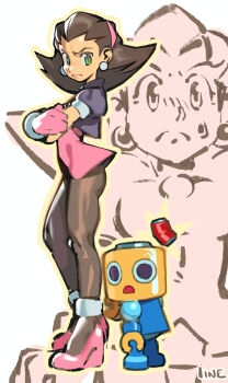 1girl absurdres angry anklet black_jacket boots brown_hair can cropped_jacket crossed_arms earrings from_side frown gloves green_eyes hair_pulled_back hairband high_heels highres jacket jewelry knee_up linesharkart looking_at_viewer mega_man_(series) mega_man_legends_(series) open_mouth outline pantyhose pink_boots pink_gloves pink_hairband pink_lips pink_shirt puffy_short_sleeves puffy_sleeves servbot_(mega_man) shirt short_sleeves sphere_earrings sweatdrop tron_bonne_(mega_man) v-shaped_eyebrows yellow_outline
