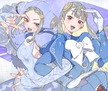 2girls \m/ absurdres arm_up blonde_hair blush bow braid braided_bangs capcom_fighting_jam commentary_request dress dual_persona escoffion gloves hairpods highres himuro_yukichiko ingrid_(capcom) locked_arms long_hair long_sleeves looking_at_viewer multiple_girls open_mouth red_eyes smile street_fighter street_fighter_6 white_bow white_dress white_gloves