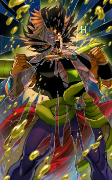 absurdres armor black_hair blue_eyes bracer broly_(dragon_ball_super) broly_(dragon_ball_z) cracked_screen dragon_ball dragon_ball_super dragon_ball_super_broly dragonball_z dual_persona highres hydeover9000 muscular muscular_male open_mouth pelt saiyan_armor screaming shoulder_armor spiked_hair super_saiyan waist_cape yellow_eyes