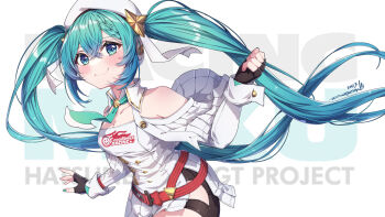 Rule 34 | 1girl, aqua eyes, aqua hair, aqua nails, aqua necktie, belt, beret, black gloves, braid, braided bangs, breasts, brooch, cape, cleavage, collarbone, commentary request, crossed bangs, detached sleeves, dot nose, fingerless gloves, fingernails, gloves, gold trim, goodsmile company, goodsmile racing, grey thighhighs, hair between eyes, hair ribbon, hat, hatsune miku, head tilt, highres, jewelry, ladder cutout, light blush, logo, long hair, long sleeves, looking at viewer, nail polish, necktie, official alternate costume, racing miku, racing miku (2023), red belt, ribbon, ringosan, short necktie, short shorts, shorts, sidelocks, simple background, single braid, sleeve cuffs, smile, solo, sparkle hair ornament, thick thighs, thighhighs, thighs, twintails, very long hair, vocaloid, white background, white cape, white hat, white ribbon, white shorts