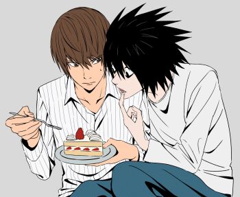 Rule 34 | 2boys, bags under eyes, black eyes, black hair, blue pants, brown eyes, brown hair, cake, collared shirt, death note, finger to mouth, food, fork, grey background, hair between eyes, highres, holding, holding cake, holding food, holding fork, l (death note), looking at another, male focus, multiple boys, no eyebrows, pants, parted lips, popo92 z, shirt, short hair, spiked hair, strawberry shortcake, striped clothes, striped shirt, sweatdrop, upper body, white shirt, yagami light