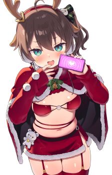 1girl @_@ absurdres ahoge alternate_costume animal_ears antlers aqua_eyes ayaoshiro bikini bikini_top_only blush breasts brown_hair capelet commentary_request deer_antlers deer_ears detached_sleeves earmuffs ebi_frion_(natsuiro_matsuri) fake_animal_ears fake_antlers fur-trimmed_capelet fur-trimmed_skirt fur_trim hair_between_eyes hands_up heart highres holding holding_phone hololive horns hypnosis_app hypnotizing_viewer long_hair looking_at_viewer matsurisu natsuiro_matsuri phone pom_pom_(clothes) red_bikini red_capelet red_thighhighs santa_bikini santa_costume side_ponytail simple_background skirt sleeves_past_wrists small_breasts smile solo star_(symbol) star_sticker sticker sticker_on_face sweat swimsuit thighhighs thighs virtual_youtuber white_background