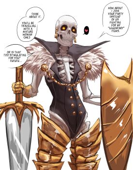 absurdres armor commentary english_commentary english_text glowing glowing_eyes heart hh_(hehexd06161704) highres holding holding_shield holding_sword holding_weapon leg_armor original shield simple_background skeleton speech_bubble spoken_heart sword weapon white_background