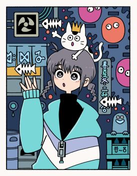 1girl absurdres animal animal_on_head animated animated_gif border braid bright_pupils cat cat_on_head crown dripping fish_skeleton garouma grey_eyes grey_hair highres long_sleeves looping_animation on_head original short_hair sleeves_past_wrists solo spotted_fur surreal twin_braids white_border white_cat white_pupils zipper zipper_pull_tab