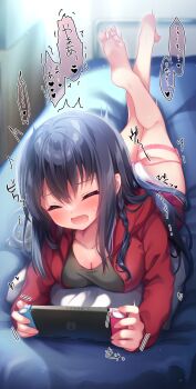 1girl absurdres amatsuji aniki_(yukata_to_rape_to_aniki_to_ore_to.) ass backlighting bare_legs barefoot black_hair black_shirt bloom blurry blurry_background blush braid breasts cleavage closed_mouth collarbone commentary depth_of_field eyelashes eyes_visible_through_hair facing_viewer feet female_masturbation furrowed_brow hair_between_eyes hair_spread_out handheld_game_console heart highres holding holding_handheld_game_console hood hood_down hooded_jacket indoors jacket knees_together_feet_apart large_breasts legs light_particles long_hair long_sleeves lying masturbation moaning motion_lines nintendo_switch no_pants on_bed on_stomach open_clothes open_jacket open_mouth panties pillow playing_games playing_video_games red_jacket saliva sex_toy shirt sidelocks single_braid soles solo sound_effects speech_bubble straight_hair the_pose thigh_strap toenails toes translation_request twitching underwear variant_set vibrator vibrator_cord vibrator_under_clothes vibrator_under_panties wavy_mouth white_panties yukata_to_rape_to_aniki_to_ore_to.