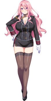 1girl black_jacket black_thighhighs breasts choker choukou_(alicesoft) choukou_taisen_escalation_heroines cleavage full_body gloves hand_on_own_hip highres horosuke jacket large_breasts long_hair nicole_quadriga official_art pink_hair purple_eyes tachi-e thighhighs white_gloves