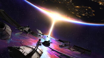 1other absurdres astronaut colorful commentary dynamis_(artist) english_commentary glowing highres horizon lake original planet reflection reflective_liquid satellite science_fiction short_hair sky solo space star_(sky) starry_sky surreal