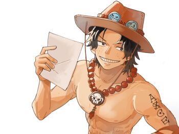1boy abs arm_tattoo black_hair elbow_pads freckles gangan233 hashtag-only_commentary hat highres holding holding_paper jewelry looking_at_viewer male_focus necklace one_piece orange_hat paper pearl_necklace portgas_d._ace short_hair simple_background single_elbow_pad solo tattoo topless_male upper_body white_background