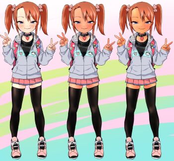 1girl backpack bag black_thighhighs blue_eyes blush reference_sheet collar double_v ebisujima_misato flower full_body hair_flower hair_ornament highres hood hoodie long_hair multiple_views original pink_skirt pleated_skirt progression shoes skirt smile sneakers tan thighhighs twintails v yuma_(ebisujima_misato) zettai_ryouiki