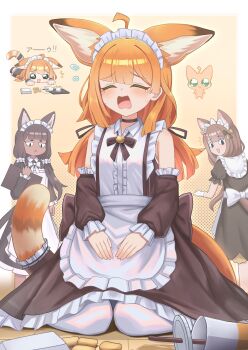 Rule 34 | 3girls, absurdres, animal ear fluff, animal ears, apron, arknights, bare shoulders, black dress, black hair, brown hair, cat ears, cat girl, cat tail, closed eyes, commentary request, crying, dark-skinned female, dark skin, detached sleeves, dress, failure, fallen down, gloves, highres, holding, holding menu, kneeling, long hair, looking at another, maid, maid apron, maid headdress, menu, multiple girls, open mouth, orange hair, pantyhose, papyrus (arknights), slit pupils, tail, th3cr0ma, white gloves, white pantyhose
