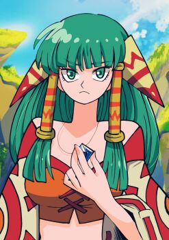 1girl batchgooya blue_sky closed_mouth commentary_request feena_(grandia) grandia grandia_i green_eyes green_hair hair_ornament hair_tubes highres jewelry long_hair looking_at_viewer midriff necklace outdoors sky solo wide_sleeves