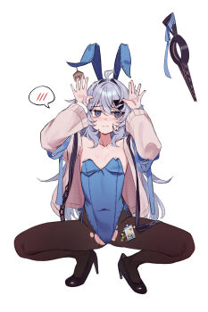 1girl absurdres ahegao ahisha_(di_le_to) animal_ears bare_shoulders black_pantyhose blue_eyes blue_leotard blue_ribbon blush breasts cardigan collarbone covered_erect_nipples di_le_to embarrassed gluteal_fold grey_hair hair_between_eyes hair_ornament hairclip hand_up high_heels highleg highleg_leotard highres leotard long_sleeves open_cardigan open_clothes original pantyhose playboy_bunny rabbit_ears ribbon sidelocks slit_pupils small_breasts spread_legs squatting thighs torn_clothes torn_pantyhose