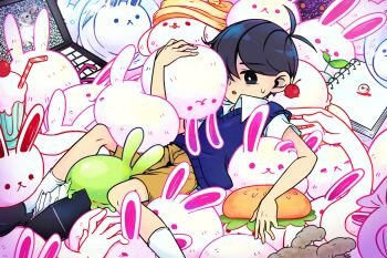 1boy antenna_hair black_eyes black_hair black_shoes black_sweater_vest bright_pupils brown_shorts brown_socks bug_bunny_(omori) bun_bunny_(omori) character_request check_character cherry collared_shirt computer cupcake_bunny_(omori) drinking_straw dust_bunny_(omori) fish_bunny_(omori) food forest_bunny?_(omori) forest_bunny_(omori) fruit ghost_bunny_(omori) highres laptop laser-lance loafers milkshake milkshake_bunny_(omori) omori pancake pancake_bunny_(omori) rabbit rabbit?_(omori) shirt shoes short_hair short_sleeves shorts sketchbook slime_bunny_(omori) snow_bunny_(omori) socks solo space_bunny_(omori) sprout_bunny_(omori) sunny_(omori) sweater_vest tissue tissue_box white_pupils white_shirt