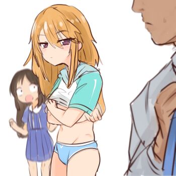 1boy 2girls adjusting_clothes adjusting_necktie black_hair blue_necktie blue_panties blue_skirt blurry blurry_background blurry_foreground clothes_lift hair_between_eyes highres idolmaster idolmaster_cinderella_girls lifting_own_clothes long_hair multiple_girls navel necktie open_mouth orange_hair panties pleated_skirt purple_eyes shiming_liangjing shirt_lift short_sleeves simple_background skirt surprised tachibana_arisu underwear undressing white_background yuuki_haru