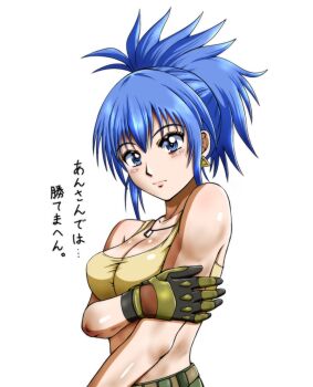 1girl blue_eyes blue_hair breasts female_focus huge_breasts large_breasts leona_heidern long_hair looking_at_viewer matsubagogatsu military pale_skin pants ponytail shirt the_king_of_fighters tight_clothes tight_shirt