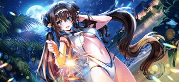 1girl beach black_hair blue_eyes breasts code_geass code_geass:_lost_stories f4samurai fireworks full_moon highres holding holding_fireworks long_hair looking_at_viewer maya_disel moon night official_art one-piece_swimsuit open_mouth smile solo sparkler swimsuit twintails white_one-piece_swimsuit